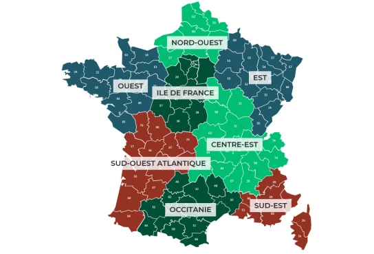 Carte des 8 directions régionales de La Poste Immobilier